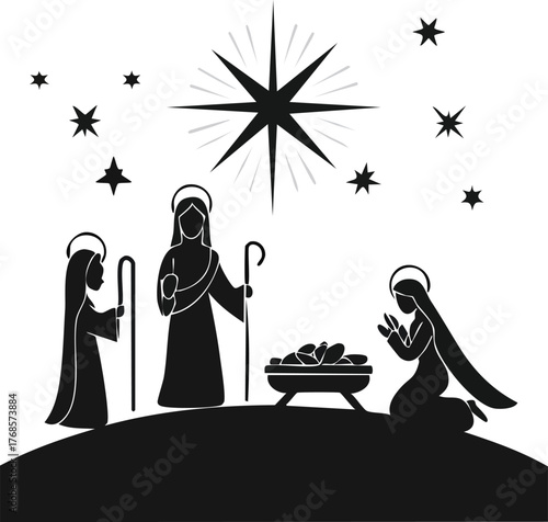Holy Christmas icon collection with silhouette nativity scene, angel, candle, and star of Bethlehem, elegant black vector
