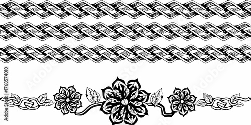 Three braided borders above a floral arrangement with leaves and knotted rope details below them