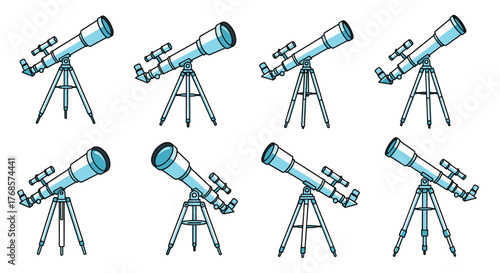 Collection of eight light blue telescopes on tripods, each with a slightly different angle and orientation.