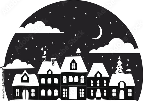 Christmas village silhouette, snowy night, small houses with glowing windows