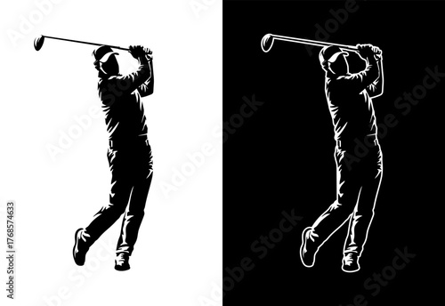 silhouette of a male golfer wearing a hat hitting a golf ball