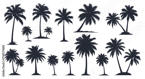 Silhouette palm trees collection features diverse shapes and sizes, creating a tropical atmosphere reminiscent of vacation destinations.