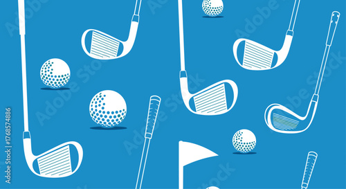 Golf-themed background with repeating golf clubs, balls, and a flag on a vibrant blue surface.