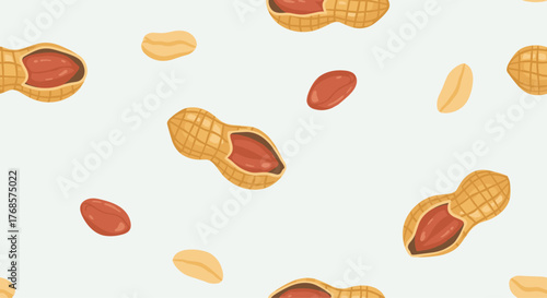 Seamless pattern featuring peanuts, showing peanut shells and individual nuts scattered across a light background creating a snack-themed design.