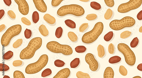 Seamless pattern of peanuts and shelled peanuts on a light background.