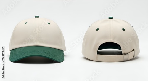 Front and back views of a blank two-tone baseball cap in beige and green, featuring an adjustable strap for apparel design mockups