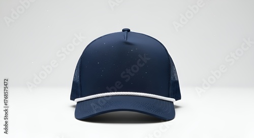 A simple front view of a blank navy blue snapback trucker hat with a white rope detail on the visor for mockups