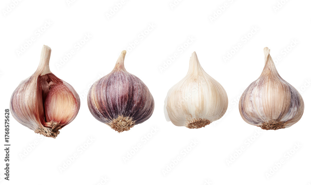 Fototapeta premium Close-up studio shot of four fresh garlic bulbs lined up against a solid black backdrop