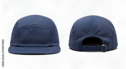 A front and back view of a blank navy blue 5-panel camp cap mockup for apparel branding and design presentation