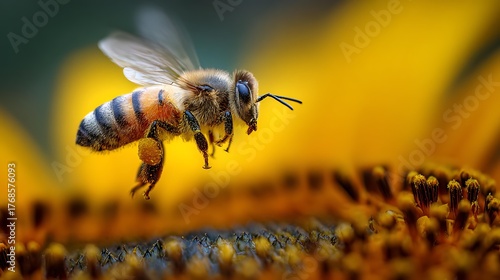 macro photography of honeybee landing on sunflower center, detailed pollen and wing reflection, natural sunlight, shallow focus, DSLR realism