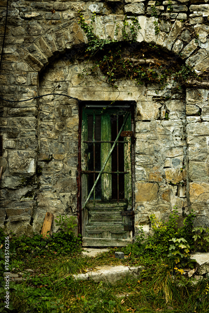 Fototapeta premium A mysterious, forgotten doorway is framed by a rough stone archway and creeping ivy. The severely weathered, peeling green door is barred shut, standing as a stark, rugged focal point on the old wall