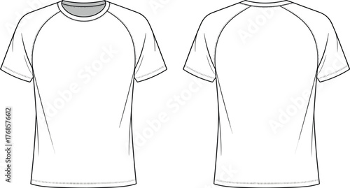 Short sleeve raglan t-shirt technical drawing, front and back view, fashion CAD sketch, garment design vector, apparel illustration, cad drawing flat vector illustration