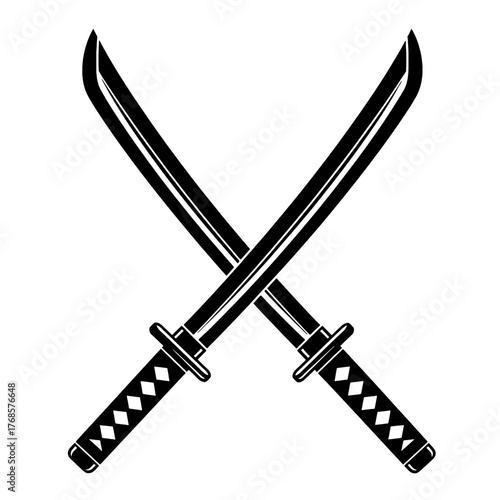 Two crossed katana swords in a black and white illustration, symbolizing martial arts and combat