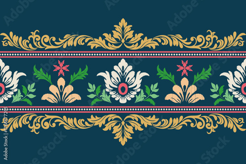 Damask floral pattern border. Motifs Ikat floral ethnic oriental pattern traditional.Aztec style abstract vector illustration.design for texture, fabric, scarf,background,carpet,rug