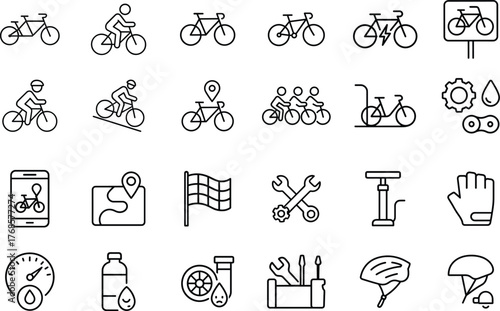 Bicycle activity and equipment line icon set. Vector pictograms of mountain bike, parking, tracker, helmet, light, bell, repair tools, and group ride thin linear illustration