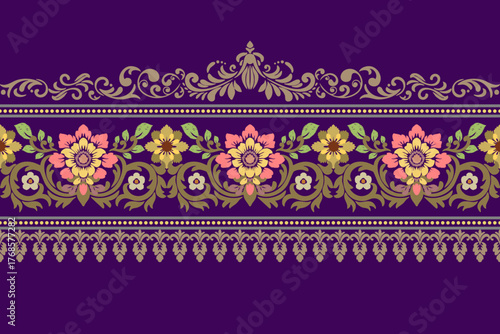 Damask floral pattern border. Motifs Ikat floral ethnic oriental pattern traditional.Aztec style abstract vector illustration.design for texture, fabric, scarf,background,carpet,rug