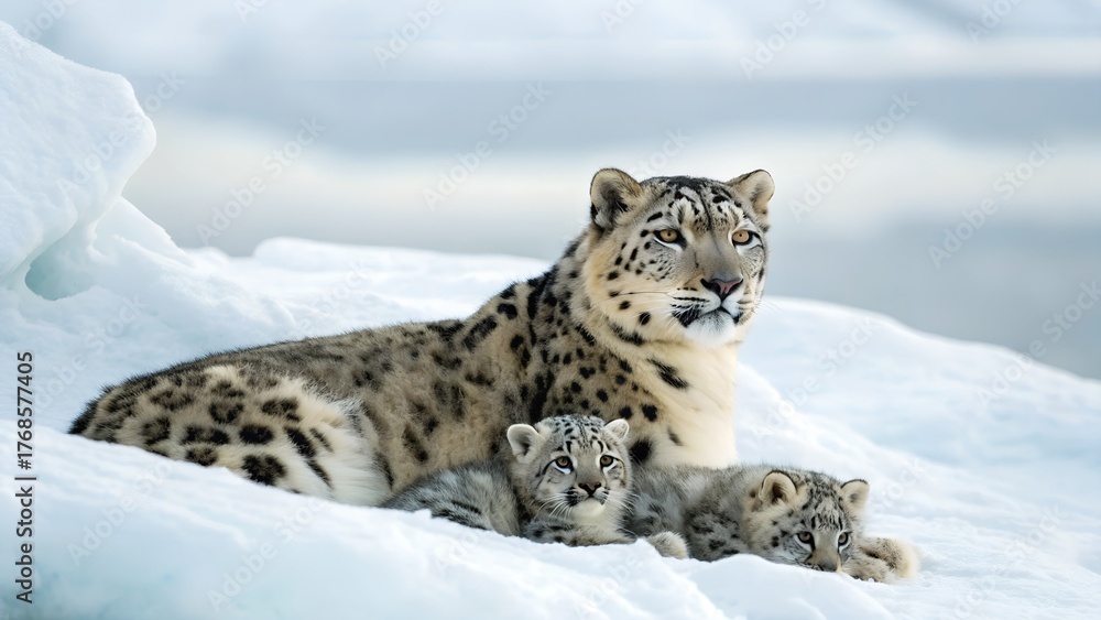 Fototapeta premium Mother Snow Leopard With Two Cubs Resting On Ice And Snow In Winter Landscape