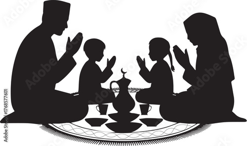 Muslim family praying together during ramadan gathering sharing food meal
