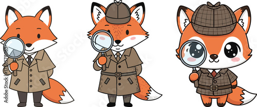 Cute detective fox character holding magnifying glass, cartoon mystery animal illustration, adorable woodland investigator in brown coat and hat
