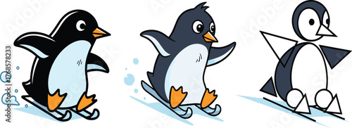 Cute penguins skiing on ice, fun winter sports illustration, happy cartoon penguins sliding on snow, adorable cold season animal art