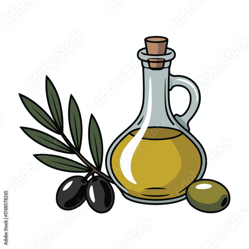 Black ripe olives, fresh green olive branch, and glass bottle of olive oil isolated on white are healthy Mediterranean food ingredients