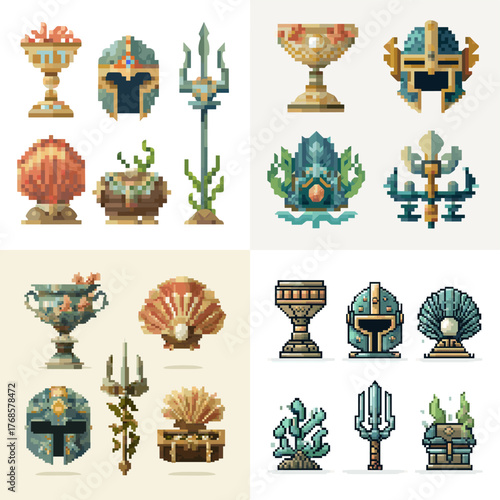 Retro pixel art icons of mythical sea treasures including shells, tridents, helmets, and cups. Perfect for RPG pixel games, underwater adventures, and fantasy assets.