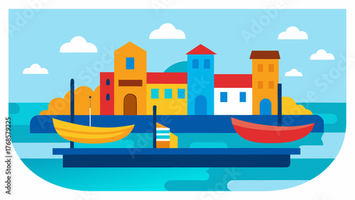 Colorful cartoon illustration of a coastal town with boats in the harbor