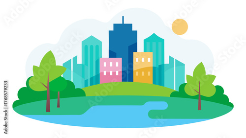 Flat design illustration of a city skyline with a park and pond