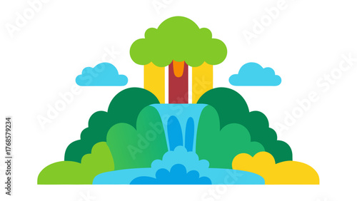 Stylized cartoon waterfall flowing from a building nestled in a lush green landscape