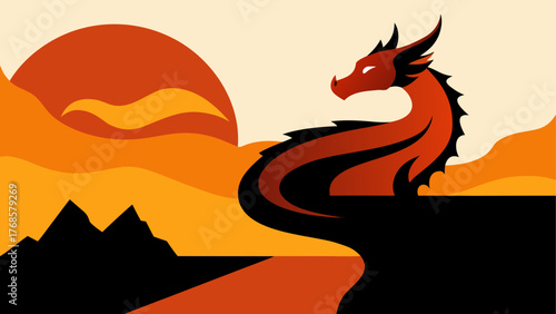 Stylized red dragon overlooking a fiery landscape