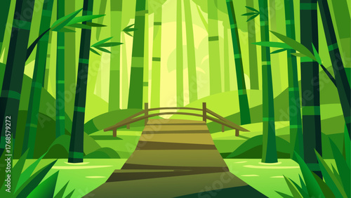 Path through a lush green bamboo forest with a wooden bridge
