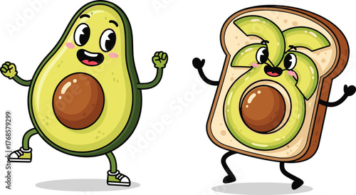 Funny cartoon avocado and toast with happy faces, cute breakfast food illustration, healthy meal concept, smiling avocado friends art