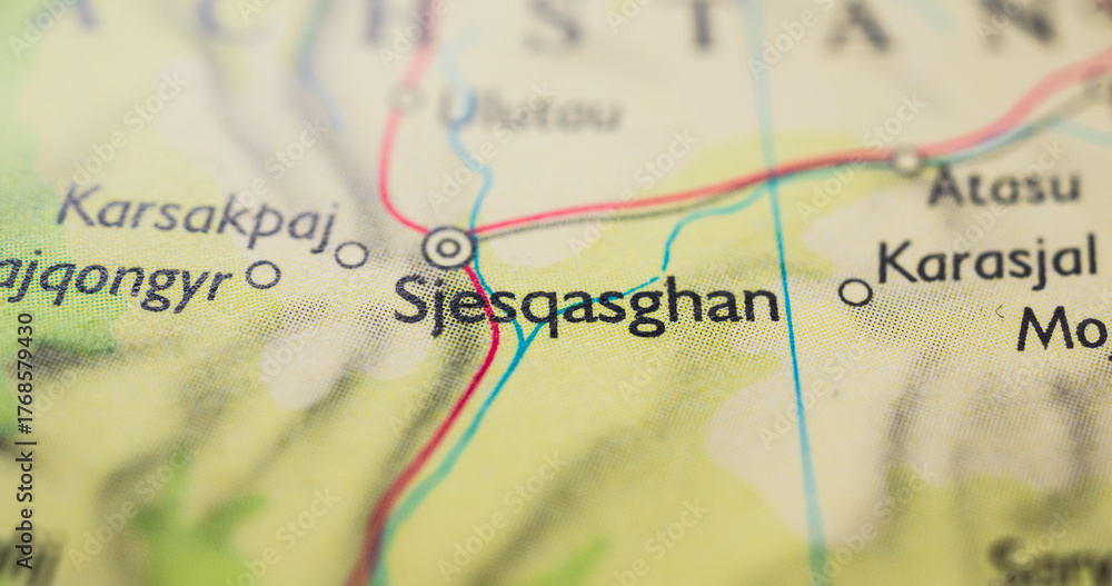 Naklejka premium Closeup of Kazakhstan map highlighting Sjesqasghan town.
