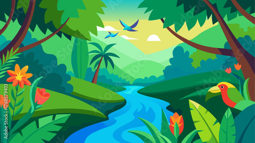 Vibrant tropical jungle landscape with river and exotic birds