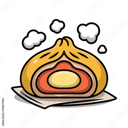 Delicious Steaming Cartoon Bao Bun Ready to Eat Asian Cuisine Dim Sum Illustration