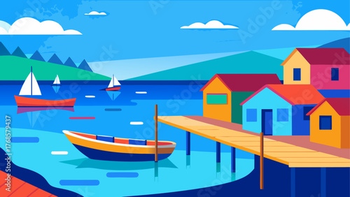 Colorful lakeside village with boats and sailboats