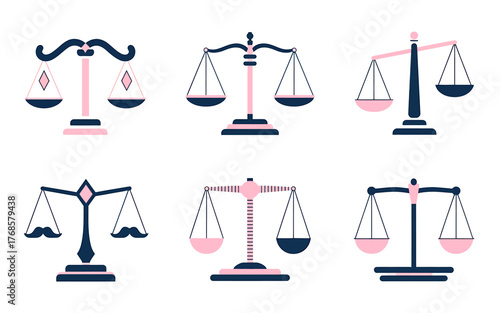 Variety of Illustrated Scales of Justice in Pink and Navy Blue on White Background a Symbol of Law