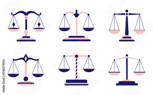 Scales of Justice Flat Vector Set for Law Legal and Business Equality Concept with Modern Design and Pink Accents