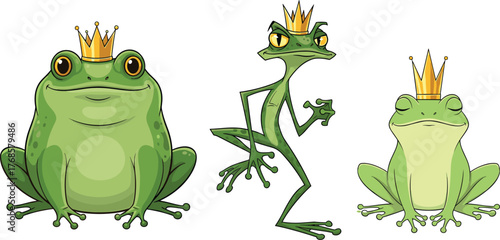 Funny cartoon frog princes wearing golden crowns, different green frog characters, fairytale animal illustration, cute amphibian royalty, fantasy vector art