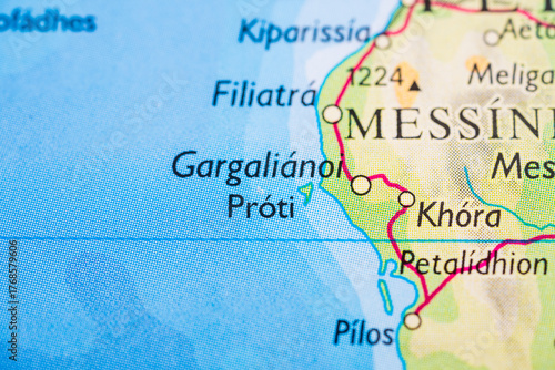 Map detail of Messinia region in Greece.