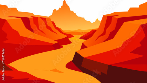 Stylized canyon landscape with river and mountains in warm colors