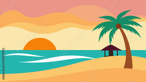 Tropical beach sunset with palm tree and hut illustration