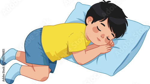 "Cartoon sleeping child on pillow, peaceful boy illustration, restful childhood artwork, bedtime design, calm health and relaxation theme"