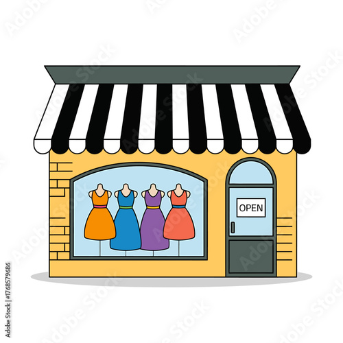 Charming Boutique Shopfront Featuring Dresses on Display and Open Sign Beckoning Customers to Browse the Latest Fashion Trends