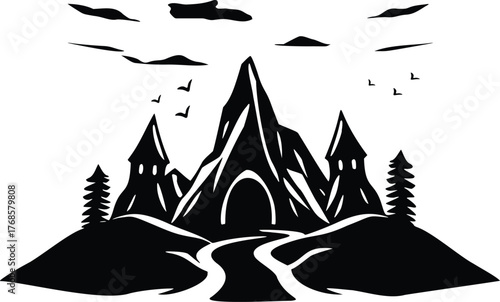 Fantasy landscape with jagged mountains, stylized buildings, and a winding path, isolated on transparent background
