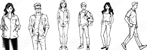 Sketch illustration of diverse people in casual and professional attire isolated on transparent background