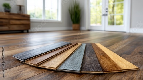 A collection of wooden flooring samples displayed in a bright, modern room with large windows and natural light, showcasing different colors and textures.