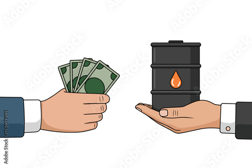 Oil barrel trade concept with hands exchanging money for crude oil symbolising energy market and financial transactions in global commodity industry