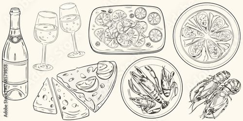 Elegant hand drawn sketch of a celebratory meal featuring champagne wine glasses pizza seafood and citrus slices