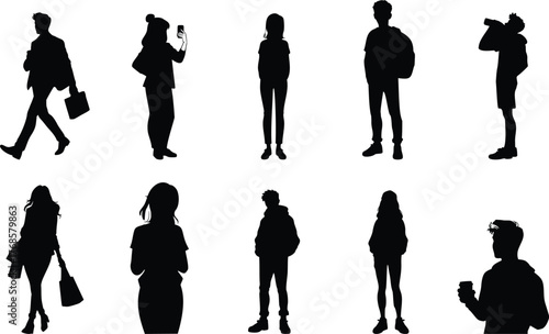 Collection of diverse people silhouettes in various poses isolated on transparent background
